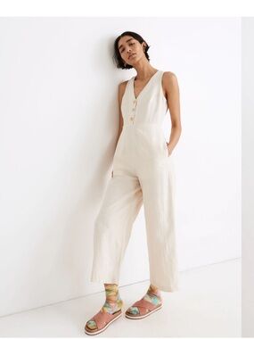 Madewell Linen/ Cotton Sleeveless V-Neck Wide-Leg Jumpsuit in Bone Color M